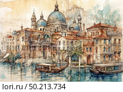 A watercolour illustration of a picturesque view of Venice. In the foreground are gondolas and boats bobbing on the calm waters of the canal, while in the background is the majestic architecture with domes and arches typical of the historic city centre. The warm colour palette with soft shades of ochre, terracotta and blue conveys an atmosphere of romance, coziness and cultural heritage. The artful detailing is reminiscent of vintage postcards and travel watercolours, giving the image a refined artistic value. Стоковое AI-изображение, AI-художник Анна Кривицкая / Фотобанк Лори