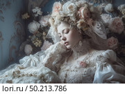 Portrait of a young woman in an exquisite vintage Victorian dress. She sits with her eyes closed in a romantic and dreamy pose, surrounded by pastel flowers. The rich trim of the dress, lace, pearls and large floral headdress give the image an atmosphere of aristocratic elegance and retro glamour. Soft lighting highlights the porcelain skin and delicate features of the model. Ideal for themes: retro style, fashion, romance, historical costume, fairy tale. Стоковое AI-изображение, AI-художник Анна Кривицкая / Фотобанк Лори