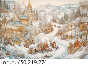 A detailed illustration in the style of a Russian fairy tale, depicting a winter village landscape with many characters. The scene is eventful: riders on horses, peasants' sleighs, people in traditional Russian clothes, merchant caravans and wooden towers with domes. The landscape is covered in snow, the trees are bare, a sparkling river winds through a snowy valley. The architecture is reminiscent of old Russian buildings - churches with golden domes, wooden towers, huts. The work is done in the spirit of Palekh miniature or fairy-tale engraving. Suitable for themes of Russian culture, folklore, winter holidays and traditional art. Стоковое AI-изображение, AI-художник Анна Кривицкая / Фотобанк Лори