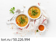 Vegetarian vegetable lentil soup with fresh parsley, healthy eating, top view. Стоковое фото, агентство Ingram Publishing / Фотобанк Лори