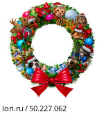 Christmas wreath decoration as a circle banner with vintage decorative festive winter season ornaments and pine branches with cute animals and pets with 3D illustration elements isolated on a white background. Стоковое фото, агентство Ingram Publishing / Фотобанк Лори