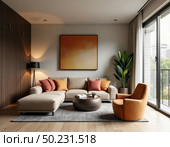 A cozy and inviting living room features a sleek sectional sofa adorned with vibrant cushions, a minimalist coffee table, and large windows allowing sunlight to enhance the atmosphere Generative AI. Стоковое AI-изображение, AI-художник Юлия Петровская / Фотобанк Лори