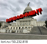 Impeachment proceedings in the United States capital hill congress and government vote  to impeach the American president as a political concept of a whistleblower complaint and US political symbol with 3D elements. Стоковое фото, агентство Ingram Publishing / Фотобанк Лори