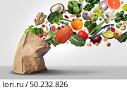 Healthy grocery supermarket concept and nutritional food groceries as fruit vegetables nuts fish and beans coming out of a paper bag as a natural diet as an image composite. Стоковое фото, агентство Ingram Publishing / Фотобанк Лори