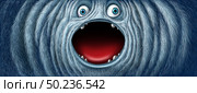 Yeti snow monster face as a fury bigfoot sasquatch or big foot abominable snowman winter creature with an open mouth as a funny character with copy space as a greeting with 3D illustration elements. Стоковое фото, агентство Ingram Publishing / Фотобанк Лори