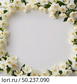 Clusters of fresh jasmine flowers encircle a blank space, creating a soft and elegant border perfect for invitations or artistic displays. The simplicity enhances the natural beauty Generative AI. Стоковое AI-изображение, AI-художник Юлия Петровская / Фотобанк Лори