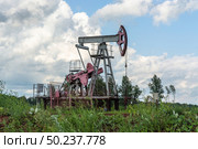 Oil production at the field. Extraction of oil from the reservoir using a rocking machine. The construction of the rocking machine. Summer. Beautiful sky and nature. Стоковое фото, фотограф Владимир Ендовицкий / Фотобанк Лори
