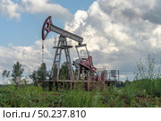Oil production at the field. Extraction of oil from the reservoir using a rocking machine. The construction of the rocking machine. Summer. Beautiful sky and nature. Стоковое фото, фотограф Владимир Ендовицкий / Фотобанк Лори