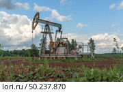 Oil production at the field. Extraction of oil from the reservoir using a rocking machine. The construction of the rocking machine. Summer. Beautiful sky and nature. Стоковое фото, фотограф Владимир Ендовицкий / Фотобанк Лори