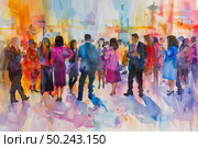 A painting depicting a bustling street filled with a diverse crowd of people walking in different directions. Стоковое AI-изображение, AI-художник Данила Большаков / Фотобанк Лори