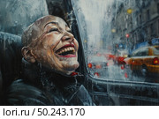Joy radiates from an elderly bald woman as she laughs, looking out a rain-streaked window against an urban backdrop. Стоковое AI-изображение, AI-художник Данила Большаков / Фотобанк Лори