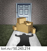 Package theft and porch pirate thief stealing packages from a home delivered to a front door as a burglar robbing boxes from a doorstep with 3D illustration elements. Стоковое фото, агентство Ingram Publishing / Фотобанк Лори
