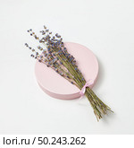 Natural branch of lavender flowers on a round board on a light grey background with copy space. Creeting card.. Eco natural lavender brunch on a ceramic board. Стоковое фото, агентство Ingram Publishing / Фотобанк Лори