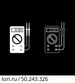Digital multimeter for measuring electrical indicators AC DC voltage amperage ohmmeter power with probes icon outline set white color vector illustration flat style simple image. Стоковая иллюстрация, агентство Ingram Publishing / Фотобанк Лори