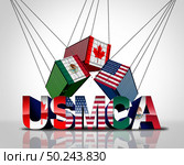 USMCA agreement or the new NAFTA United States Mexico Canada legislation with north america flags as a trade deal negotiation and economic deal for the American Mexican and Canadian governments as a 3D illustration. . Стоковое фото, агентство Ingram Publishing / Фотобанк Лори