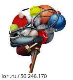 Sport brain and sports psychology concept as a group of exercise equipment shaped as a human thinking organ for psychological mental health as exercising to improve cognitive ability with 3D illustration elements. Стоковое фото, агентство Ingram Publishing / Фотобанк Лори