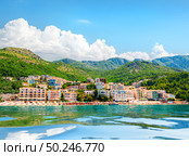 View to the city on Adriatic sea coast near Sveti Stefan island, Montenegro. Стоковое фото, агентство Ingram Publishing / Фотобанк Лори