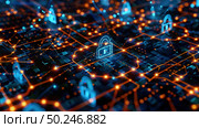 A computer circuit board featuring a visible lock symbol, demonstrating security measures taken to protect data and prevent unauthorized access. Стоковое AI-изображение, AI-художник Данила Большаков / Фотобанк Лори