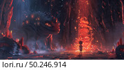 A person stands courageously in front of a colossal monster, showcasing bravery and defiance in the face of danger. Стоковое AI-изображение, AI-художник Данила Большаков / Фотобанк Лори