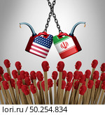 Iran United States volitile crisis and American Iranian war risk as US military war tension in the middle east as an imminent threat concept as a security armed confrontation or economic sanctions with 3D illustration elements. Стоковое фото, агентство Ingram Publishing / Фотобанк Лори