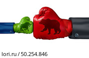 Investing in a bear stock market as a big bearish symbol fighting a small bull icon as a financial and economic battle with strong negative market forces with 3D illustration elements. Стоковое фото, агентство Ingram Publishing / Фотобанк Лори