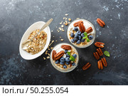 Blueberry parfait with ricotta cheese, granola and pecan nuts. Стоковое фото, агентство Ingram Publishing / Фотобанк Лори