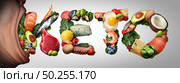 Eating Keto food concept as an open mouth biting into ketogenic ingredients text diet as a low carb and high fat food eating lifestyle as fish nuts eggs meat avocados as a therapeutic meal with 3D illustration elements. Стоковое фото, агентство Ingram Publishing / Фотобанк Лори
