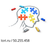 Autism awareness symptoms concept and autistic development disorder as a symbol of a communication and social behavior psychology as a puzzle chalk drawing on asphalt in a 3D illustration style on a white background. Стоковое фото, агентство Ingram Publishing / Фотобанк Лори