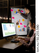 Young adult asian businessman dicuss with collegue about work with analysis graph on white board late at night in their office with desktop computer. Using as hard working and working late concept. Стоковое фото, агентство Ingram Publishing / Фотобанк Лори