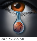 Sports depression and tragic sport event and grief psychology symbol as a basketball inside a crying tear drop as a depressed fan from a sad eye in a 3D illustration style. Стоковое фото, агентство Ingram Publishing / Фотобанк Лори