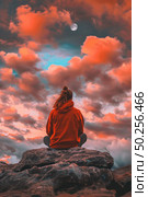 A person sits atop a rocky outcrop under a sky filled with billowing clouds. Стоковое AI-изображение, AI-художник Данила Большаков / Фотобанк Лори