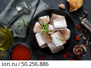 Raw fresh sliced hake fish with ingredients for cooking. Стоковое фото, агентство Ingram Publishing / Фотобанк Лори