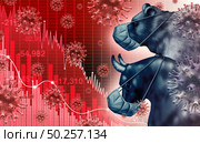 Global economy pandemic fear and economic coronavirus fear or virus outbreak and Stock market fears as a bull and bear crisis and sick financial health as a business recession with 3D illustration elements. Стоковое фото, агентство Ingram Publishing / Фотобанк Лори