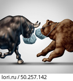 Stock market virus fear or bull and bear economic crisis and sick financial health as a business recession concept or metaphor for uncertainty in the economy investing sentiment in a 3D illustration style. Стоковое фото, агентство Ingram Publishing / Фотобанк Лори