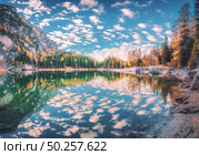 Beautiful reflection in Braies lake at sunrise in autumn in Dolomites, Italy. Landscape with mountains, blue sky with clouds, water, stones, trees with colorful leaves. Lake in fall. Panorama. Nature. Стоковое фото, агентство Ingram Publishing / Фотобанк Лори