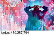 Coronavirus financial panic and economy disease as an economic pandemic fear and virus Outbreak fears and Stock market fall as a business recession concept with 3D illustration elements. Стоковое фото, агентство Ingram Publishing / Фотобанк Лори