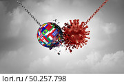 Pandemic virus battle vaccine and flu or coronavirus medical fight disease as the world fighting a contagious pathogen cell as a health care metaphor for researching a cure with 3D illustration elements. Стоковое фото, агентство Ingram Publishing / Фотобанк Лори