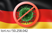 Forbbiden sign with crossed out Coronavirus molecule on the background of German flag. Rapid spread of Coronavirus, Covid 19 in the world. Global calamity. Quarantine concept.. Warning sign with crossed out Coronavirus molecule on the background of German flag. Стоковое фото, агентство Ingram Publishing / Фотобанк Лори