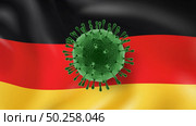 Model of Coronavirus molecule on a background of German flag. Rapid spread of Coronavirus, Covid 19 in the world. Global calamity. Quarantine concept.. Model of Coronavirus on the background of German flag. Стоковое фото, агентство Ingram Publishing / Фотобанк Лори