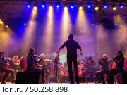 Symphony orchestra performing on stage under bright spotlights and stage lights (2024 год). Редакционное фото, фотограф Евгений Ткачёв / Фотобанк Лори