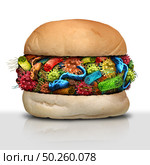 Disease in food as bacteria and germs on a bad burger and the health risk of ingesting  and eating contaminated meat as a nutrition safety concept 3D render elements. Стоковое фото, агентство Ingram Publishing / Фотобанк Лори
