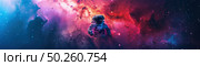 Astronaut floats before a vivid nebula, surrounded by stars and the colorful chaos of interstellar gas clouds. Стоковое AI-изображение, AI-художник Данила Большаков / Фотобанк Лори