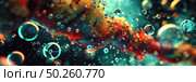 Vivid colors swirl in an abstract pattern, creating a mesmerizing effect with bubbles and oil in water. Стоковое AI-изображение, AI-художник Данила Большаков / Фотобанк Лори