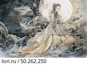 An elegant oriental-style watercolor illustration depicting a refined girl in luxurious traditional clothing, seated against a mysterious landscape. Behind her, a large round disk glows, reminiscent of a full moon, giving the scene a mystical and poetic mood. Fantastic water and stone forms rage around her, as if embodying the elements of nature. The image combines elements of Chinese and Japanese painting, chinoiserie aesthetics and fantasy. This painting can be associated with myths, the moon, natural magic and feminine sophistication. Стоковое AI-изображение, AI-художник Анна Кривицкая / Фотобанк Лори