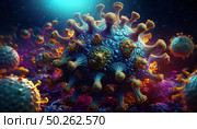 Scanning of sars-cov-2 virus particle reveals intricate structure during pandemic. Detailed visualization aids medical research, comprehension. Magnified pathogen on interacting cell surface. Стоковое AI-изображение, AI-художник Андрей Ка / Фотобанк Лори