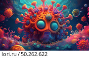 The Covid virus character navigates through a surreal environment, its mutations and interactions with surrounding microbiome, as vibrant colors and intricate textures emphasize its complex structure. Стоковое AI-изображение, AI-художник Андрей Ка / Фотобанк Лори