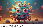 Cartoonish Covid coronavirus character. Infection of FLiRT, XEC, coronavirus and cellular components. Epidemic, pandemic virus molecules, microscopic scene - spread and impact of the coronavirus. Стоковое AI-изображение, AI-художник Андрей Ка / Фотобанк Лори