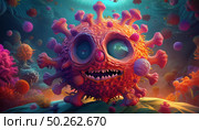 The colorful Covid coronavirus character exhibits menacing features, individual spikes. engages in intense battle with immune cells under a microscope view. Microorganisms float nearby. FLiRT, XEC. Стоковое AI-изображение, AI-художник Андрей Ка / Фотобанк Лори