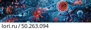 Representation of antibodies and immune cells engaging a virus, highlighting the complex defense mechanisms within the body. Стоковое AI-изображение, AI-художник Данила Большаков / Фотобанк Лори