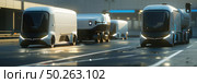 Convoy of large semi trucks moving down a busy city street, showcasing the industrial aspect of transportation and logistics. Стоковое AI-изображение, AI-художник Данила Большаков / Фотобанк Лори